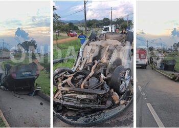 Carro capota após pneu estourar em avenida na Zona Sul de Poços de Caldas