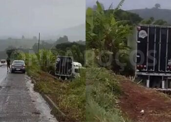 Susto: carreta sai da pista na MGC-267 entre Campestre e Bandeira do Sul