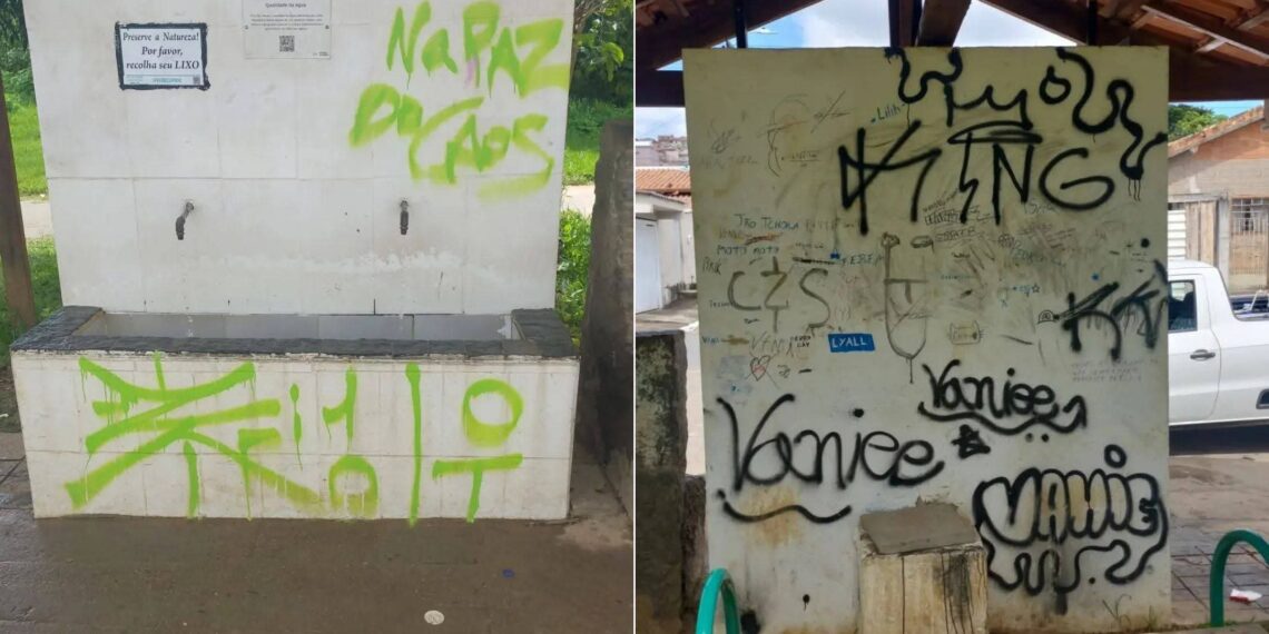 Fontanário é alvo de pichação e vandalismo na zona sul de Poços de Caldas