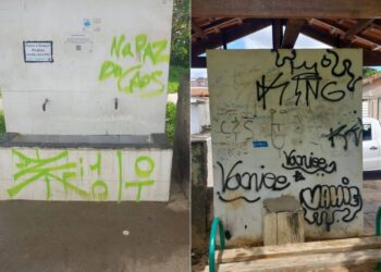Fontanário é alvo de pichação e vandalismo na zona sul de Poços de Caldas