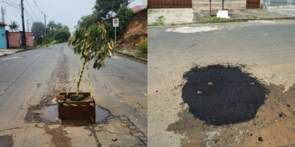 Dez dias após reportagem da Onda, buraco onde moradores ‘plantaram’ árvore na zona sul de Poços é tampado