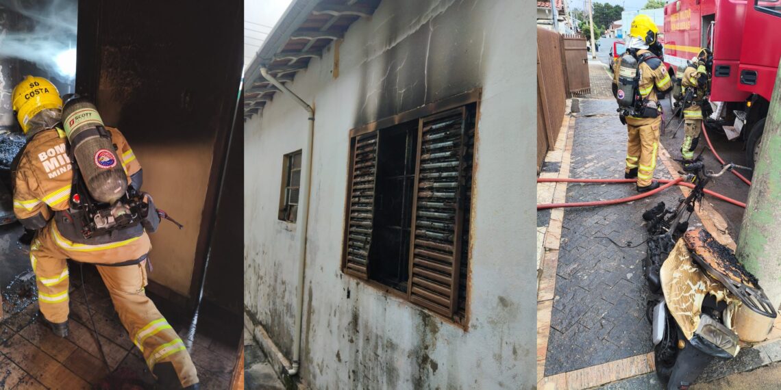 Incêndio atinge casa e mobiliza Corpo de Bombeiros; Motocicleta elétrica em recarga pode ter sido a causa