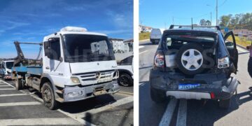 Mulher fica ferida após colisão entre carro e caminhão em Poços de Caldas